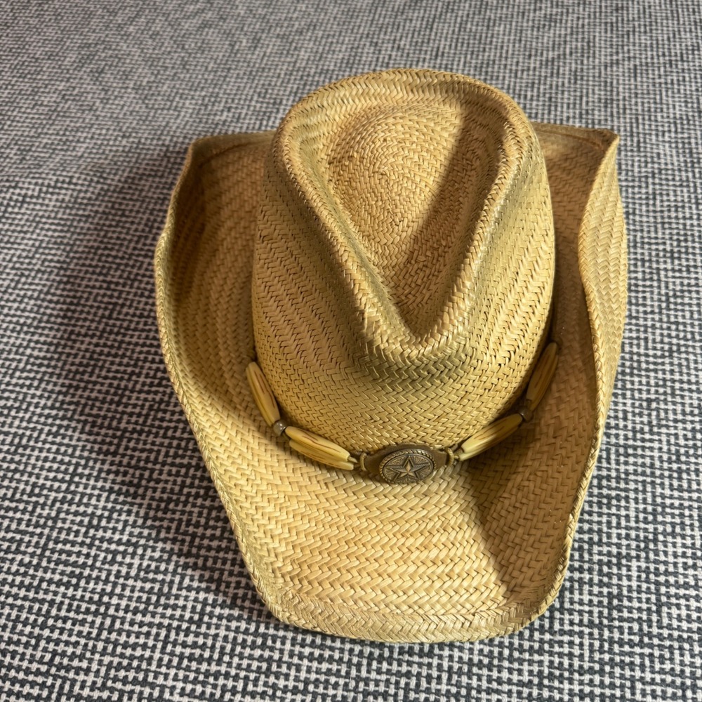 Renegade Natural Straw Cowboy Hat Star Concho Faux Bone Bead Band S/M